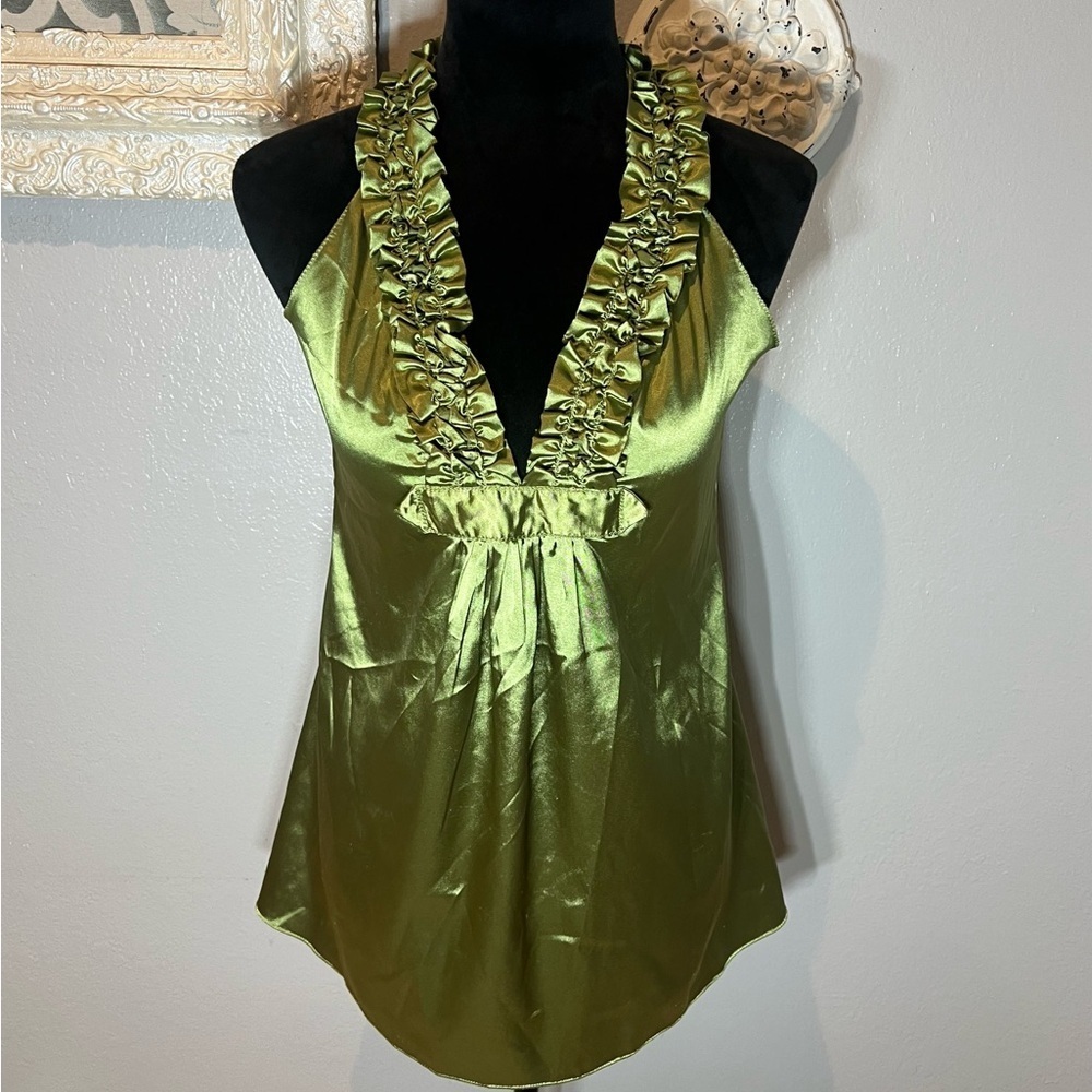 Max Studio Shiny Green Top With Ruffle Detail - Picture 4 of 11